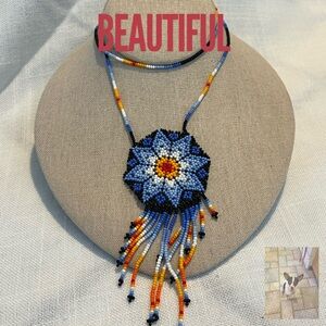 Artisan Beaded Flower Design Necklace With Fringe